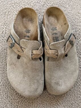 Birkenstock Taupe Suede Clogs with Braided Strap